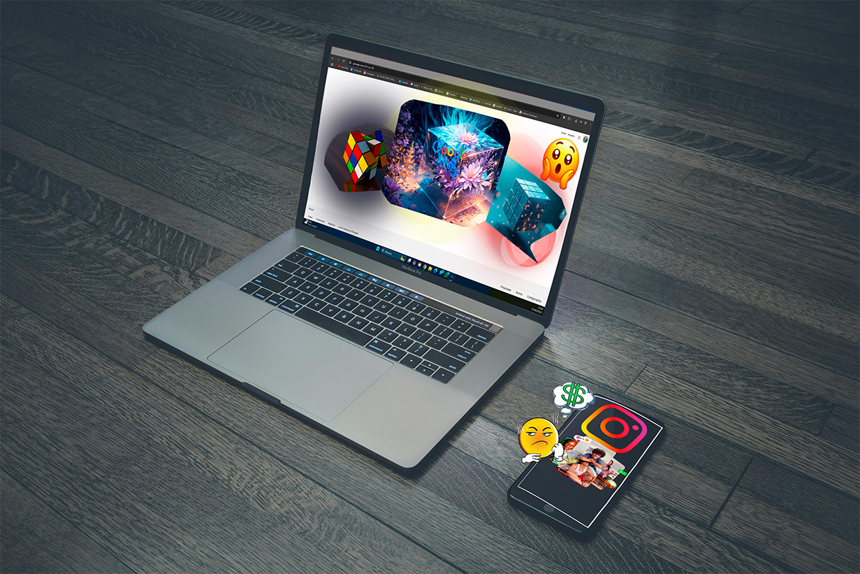 Montagem criativa com laptop exibindo design digital e smartphone com ícones de redes sociais, representando criação de sites modernos e interativos.